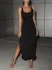 Casual Dresses Fashion Womens Summer Bodycon Tank Dress Solid Color Sleeveless U-Neck Back Cutout High Slit Long Street Style