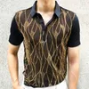Men's T-Shirts Summer Short Sleeve Polo Black Gold Abstract Pattern Lace Sexy Polo See Quality Men Through Social Club Luxe Transparent Shirt J240319