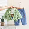 2023 autumn fashion childrens clothing baby cartoon dinosaur cute set boys solid color Plaid Shirt jeans three piece 240314