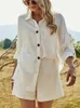 2023 Summer Beach Casual Button White Womens Sets Cotton Linen Two Pieces Long Sleeve Shirt and Short Set Outfits 240228