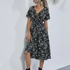 Casual jurken V-hals korte mouw elastische taille strakke vloeiende zoom damesjurk zomer zoete bloemenprint midi