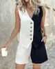 Survêtements pour femmes V-Col V-Col Boutonné Gilet Top Shorts Ensemble Femmes Noir Ensembles Assortis Été Vintage Boho Taille Haute Lâche Travail Streetwear 2024