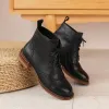 Boots 2022 Autumn Winter Women Ankle Boots Office Ladies Casual Round Toe Low Heels CrossTied Genuine Leather Platform Shoes Woman