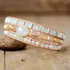 Strand Vrouwen Etnische Lederen Wikkelarmband Labradoriet Strass Maansteen Kralen 3 Strengen Boho Sieraden Groothandel Drop