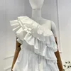 Casual Dresses 2024 Arrivals High Quality Pure Cotton White Flouncing One Shoulder Cascading Women Mini Summer Dress