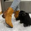 Boots Chelsea Boots cheville Fringe talons grossiers Western Cowboy Style Chaussures courtes femme élégante punk talon