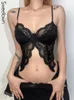 Sweetown Butterfly Shape Lace Black Goth Crop Top Women Sleeveless V Neck Sexiga Tanks Camis Se genom rave nattklubbkläder 240312