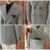 Men's Suits Shawl Collar Double-Breasted Houndstooth Color Matching Suit Jacket Leather Pocket Decorative