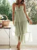 Kadın yaz şifon yular v boyun kolu çiçek akışı bir çizgi maxi elbise boho sırtsız katmanlı salıncak uzun plaj elbiseleri 240305