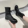 Bottes élégantes avec des talons bas à moitié élevés noirs dames chaussures chaussures pour femmes chaussures laceup laces de veau moyen cosplay nouveau en vente y2k