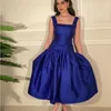 Robes de soirée en satin A-ligne robe de bal avec paillettes col carré sans manches élégantes femmes dos nu fermeture éclair -longueur robe bleu royal