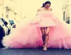 2023 HIPPIE Pink Tulle High Low Prom Dresses Strapless Puffy Tiered Train A Line Evening Party Pageant Gowns Robe de Soiree Occasi1893317