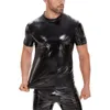 Men's T Shirts Men Short Sleeve Top Faux Leather Slim Fit Party T-shirt With Sleeves Round Neck For Nightclub