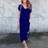 Robes décontractées Fête élégante pour les femmes à manches courtes Cravate Noeuds Hem Long Col V Couleur Solide Couleur Maxi Robe Maxi avec poche