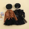 Robes de fille infantile bébé filles mode veste chapeau deux pièces vêtements enfant en bas âge à manches longues revers en cuir PU tulle maille robe à volants