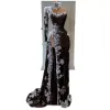 Dubai African High Neck Black Evening Dresses With Beads Pearls Applices Lace Sexig SID SPLE PROM Dress Long Party Gowns Robe de
