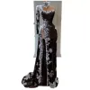 Dubai African High Neck Black Evening Dresses With Beads Pearls Appliques Lace Sexy Side Split Prom Dress Long Party Gowns robe de