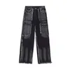 Men's Jeans Designer Mens Male Loose Gray Y2k High Street Denim Pure Color Pattern Cargo Ripped Loose Pants