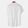 Men's T Shirts Men Solid Color Shirt Stylish Stand Collar Button-up For Business Beach Wear Short Sleeve Loose Fit Top