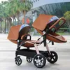 Poussettes # 2024Nouveau luxe jumeaux bébé poussettecadre en aluminium en cuir PU double prambaby peut s'asseoir et s'allongerdouble bébé poussette chariot L240319