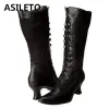 Botas asileto 2021 Designer Botas longas para mulheres de perna larga renda pontual de ponta de calcanhar pequena tira de tira cruzada preta branca de tamanho grande s2440