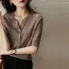 Women's Knits 2024Women's Summer Solid Color V-Neck Button Fashion And Versatile Middle Sleeve Thin Loose Half Open Neck Knitted T-shirt