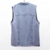 Kvinnors västar Autumn Vintage ljusblå denim Vest Women Waistcoat Loose Mid Long Cowboy ärmlös jacka Big Pocket Casual Jeans Kvinna