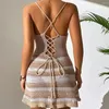 Vintage Crochet Striped Hollow Out Dress Cover-ups Chic Women Sexig Knit Backless Tie-up Mini Summer Beach Holiday Bodycon