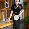 Vêtements ethniques Vintage Tempérament Noir Cheongsam Grande Taille 5XL Robes Sexy Slim Long Qipao Stage Performance Robe de Fête Traditionnelle