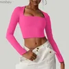 T-shirt femme col carré manches longues crop top femme 2024 mode slim fit plaine recadrée t-shirts blanc noir coton t-shirt Y2KC24319