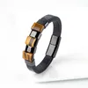 Bangle New Vintage Rectangle Style Jewelry 100% Natural Tiger Eye 4 Round Stainless Steel Leather Link Charm Fashion Men Bracelet 240319