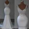 Simple Mermaid Bridal Gowns Spaghetti Straps Wedding Dress Pearls Sequins Sleeveless Custom Made Sweep Train Bride Dresses