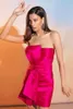 Elegante korte taft fuchsia avondjurken met strik schede geschulpte hals mini-lengte rits terug galajurken Robe de soiree formele feestjurk voor dames