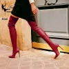 Buty wino czerwone seksowne wysokie obcasy na rozciąganie skórzane buty damskie damskie buty na ubo wysokie długie buty slipon feminina buty