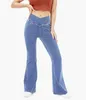 Kvinnor flare jeans hög midja stretchig crossover klocka botten jeans flare leggings casual yoga byxor med fickor