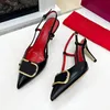 Chaussures habillées de luxe pour femmes, talons aiguilles, talons fronde, chaussures de soirée pointues, classiques en cuir, bouton en V en métal, sandales nues, noires, rouges, mates pour femmes