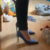 Pompalar Kadınlar Fetiş 9.5cm Yüksek Topuk Kraliyet Mavi Şarap Kırmızı Pompalar Saten Stiletto Lady Escarpins İpek Düğün Partisi Prom Hollow Etkinlik Ayakkabı