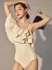 Fashion Solid Color Ruffle One Piece Swimsuit Women Elegant Shoulder Beach Swimwear Monokini Bikini Luxury Bathing Suit 2024