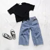 Set di abbigliamento per ragazze a maniche corte estate set da 2-7 anni pantaloni a gamba larga primaverile jeans casual per bambini