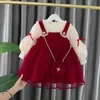 Sonbahar yürümeye başlayan çocuk kış bebek kız elbise çocuklar kırmızı noel yıl peluş sıcak elbise bebek giyim seti 1-4 yıl240311 için
