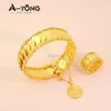 Bangle Hot Simple Coin Jewelry Sets 24k Gold Plated Dubai Arab Women Luxury Cuff Wedding Bracelets Banquet Bracelets Rings 240319