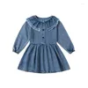 Vestidos de menina Little Fall Denim Dress manga comprida colarinho de boneca botão frontal linha A casual