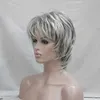 Synthetische pruiken HAIRJOY Pruik van synthetisch haar Krullend Pixie-kapsel Gelaagd kapsel met pony Balayage met accenten Grijze pruik 240328 240327