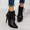 HBP Nower New Winter Black Stiletto But Skórzana skórzana palca buty na wysokie obcasy koronkowe botki średnie cylindrów dla kobiet