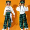 Scene Wear Kids Kpop Hip Hop Clothing White Crop Top Long Sleeve T Shirt Teestreetwear Checkered Pants for Girl Jazz Dance Costume Clothes