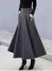 Casual klänningar Hög midja Vintage Houndstooth Plaid varm ull Lång kjol för kvinnor 2024 Elegant Big Swing A-Line Saias Longas Kvinna