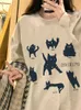 Kawaii Catprints Sweatshirts voor Vrouwen Herfst Winter Plus Fluwelen Oneck Geen Hoed Hoodies Casual Studenten Mode Harajuku Tieners 240228
