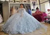 Stunning Beaded Ball Gown Quinceanera Dresses Off The Shoulder Neck 3D Appliqued Prom Gowns Sweep Train Tulle Sweet 15 Dress2191065