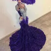 Sparkly Sequined Purple Prom Dresses Black Girls Luxury Pärled Tassel Long Evening Gowns Sheer Neck Party Endast examen GOWNS BC18420