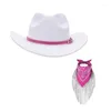 Baskenmütze, weiß, Cowgirl-Hut, Fransen, Bandana-Set für Damen, Vintage-Western, breite Krempe, Blumenquasten, Kopfwickelschal
